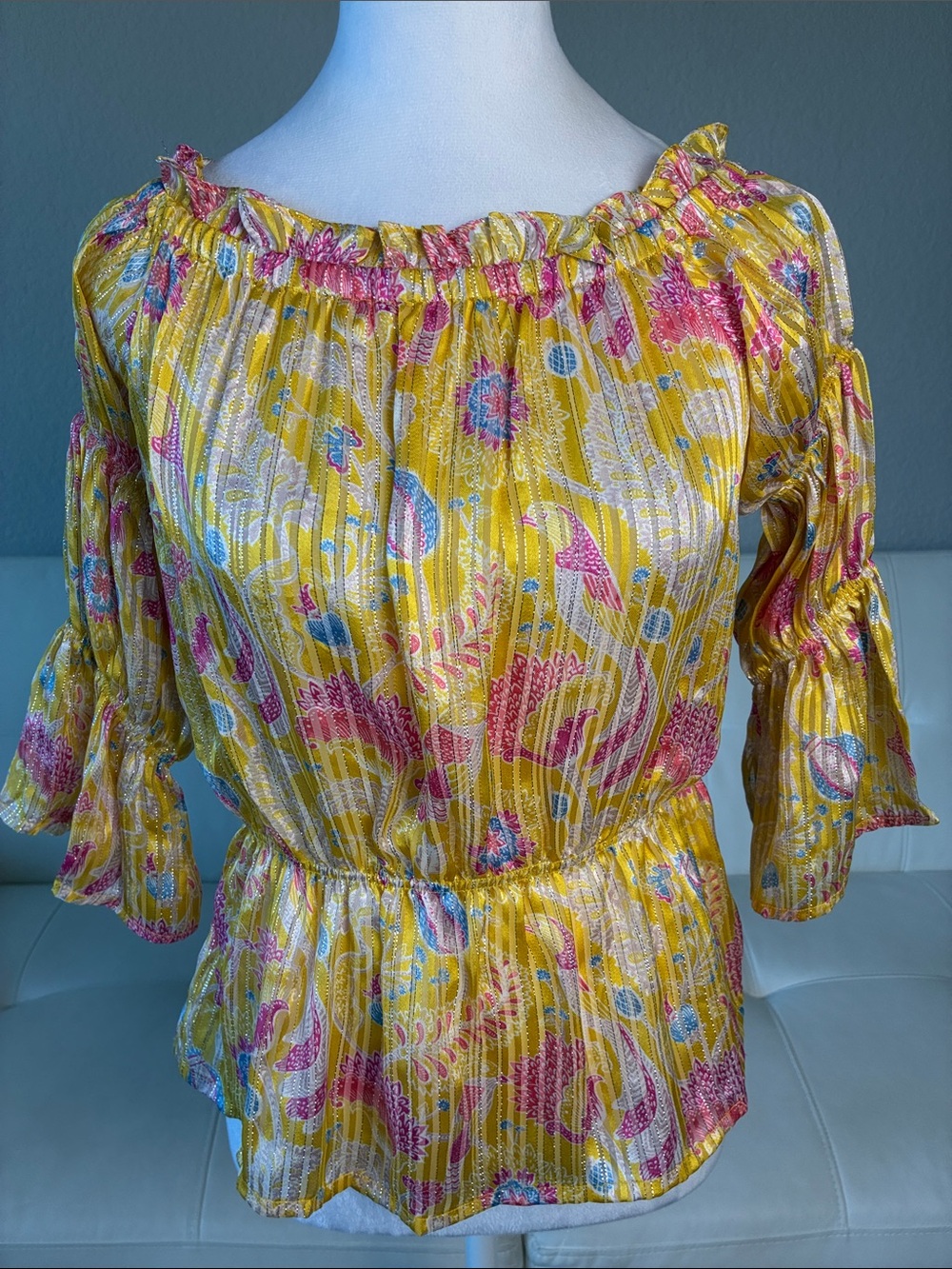 Zinc London Yellow Floral Off-Shoulder Peasant Blouse with Metallic Accents